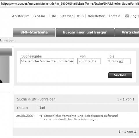 Suchmaske bei www.bundesfinanzministerium.de - (Steuerrecht, Steuerbefreiung, BMF Schreiben)