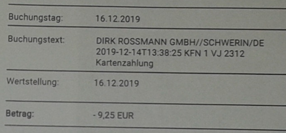 Girocard Zahlung Kontaktlos Bei Rossmann 5 55 Abbuchung Auf Dem Konto 9 25 Bank Girokonto Kartenzahlung