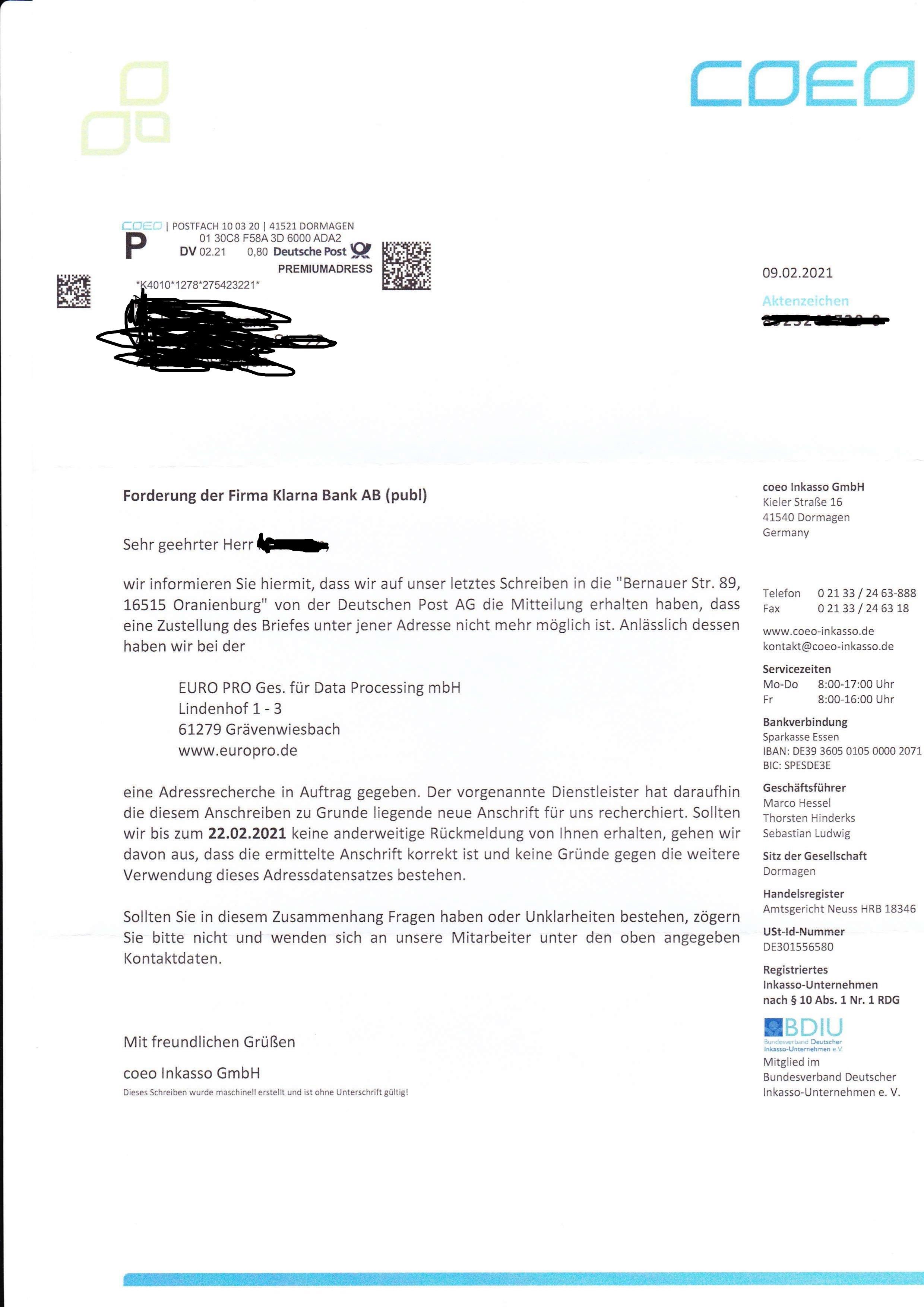 Inkasso coeo Briefschreiben? (Schulden, Klarna)