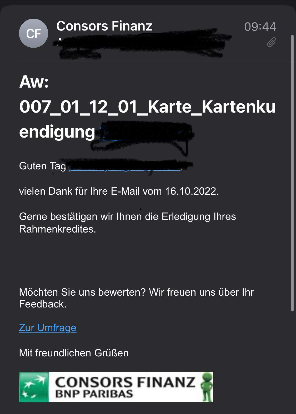 MasterCard von Consors Finanz gekündigt, wird die Finanzierung auch gekündigt? (Kündigung, Media