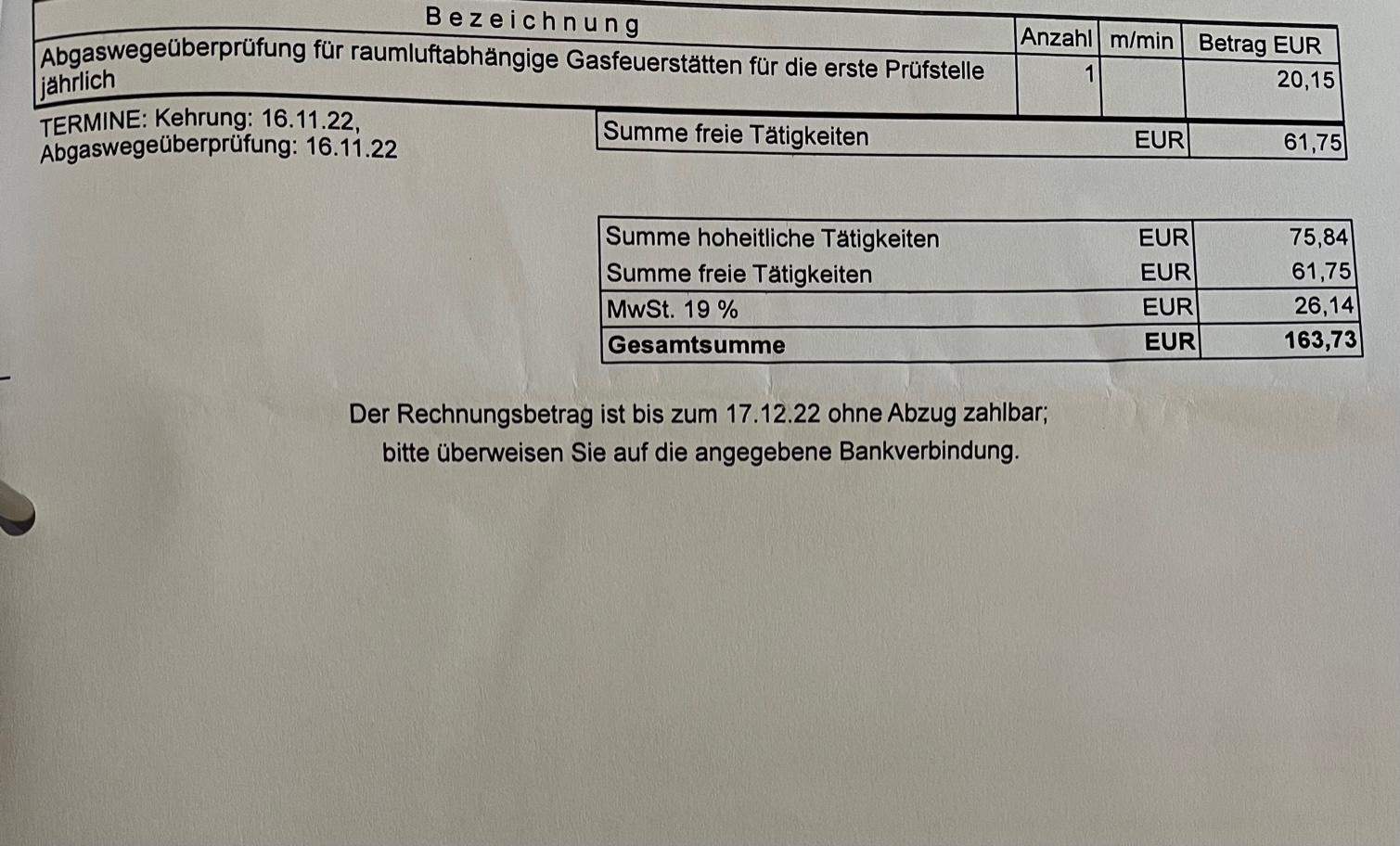 Warum ist die Rechnung für den Schornsteinfeger so hoch? (Nebenkosten)