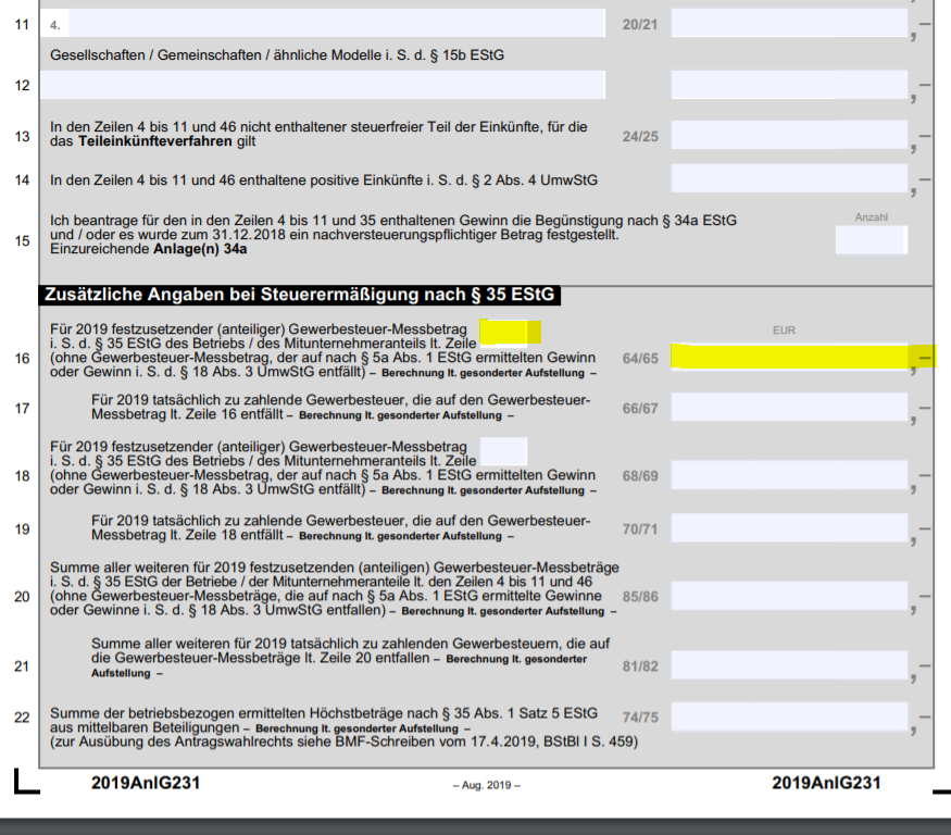 Wo in Anlage G gezahlt Gewerbesteuern eintragen? (Steuern, Steuererklärung)